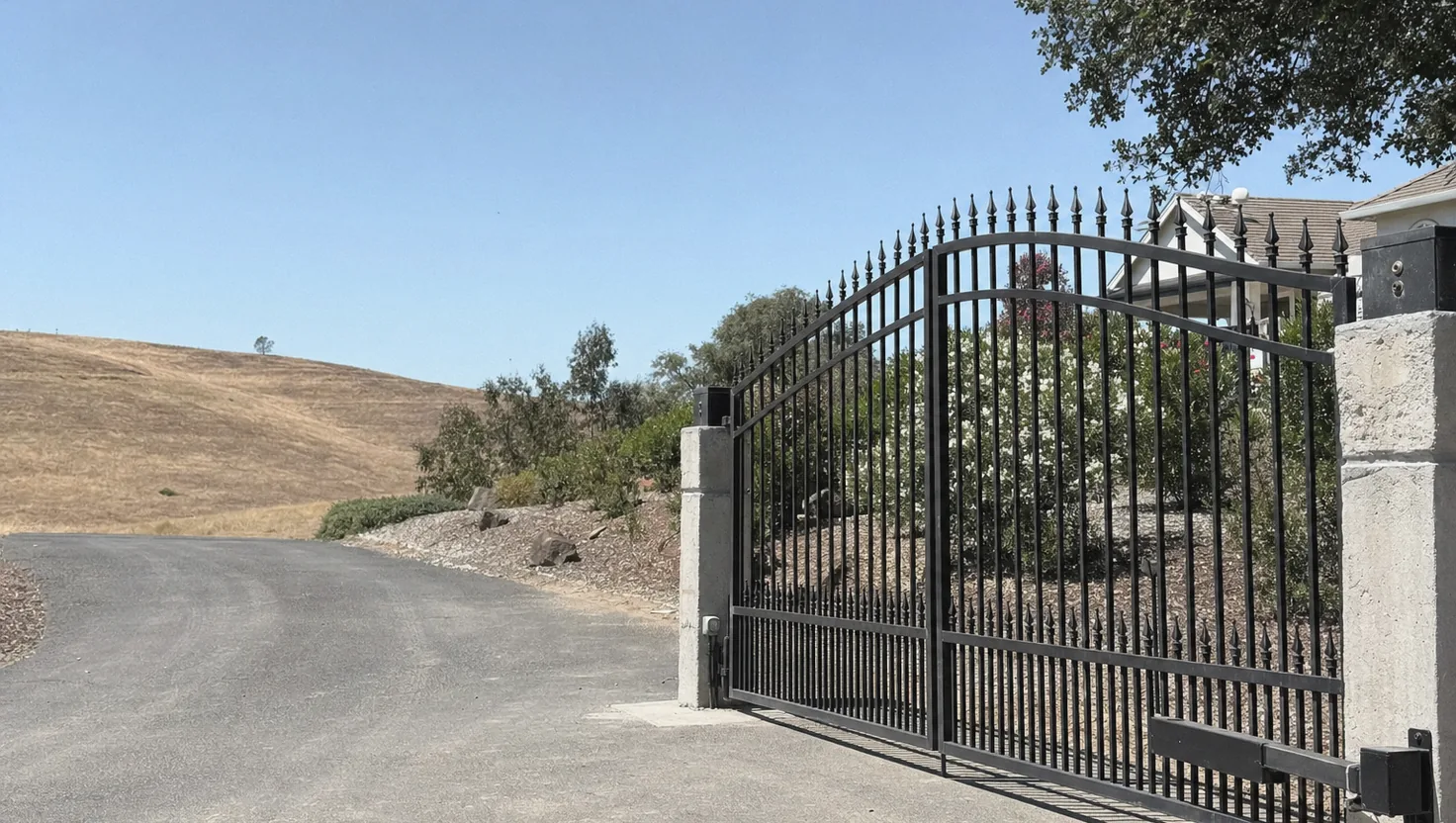 Black wrought iron driveway gate closed at a Vacaville home entrance, with dry oak-covered foothills behind