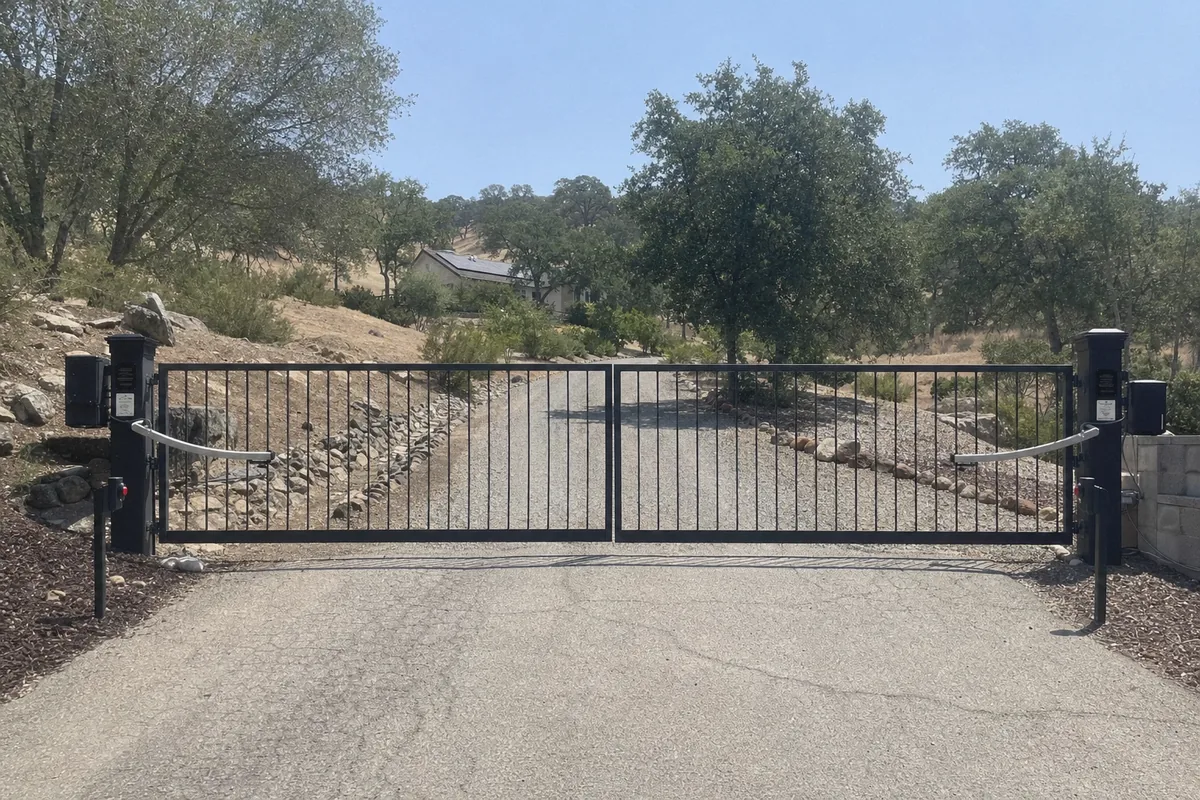 Completed automatic driveway gate closed across a private Vacaville driveway