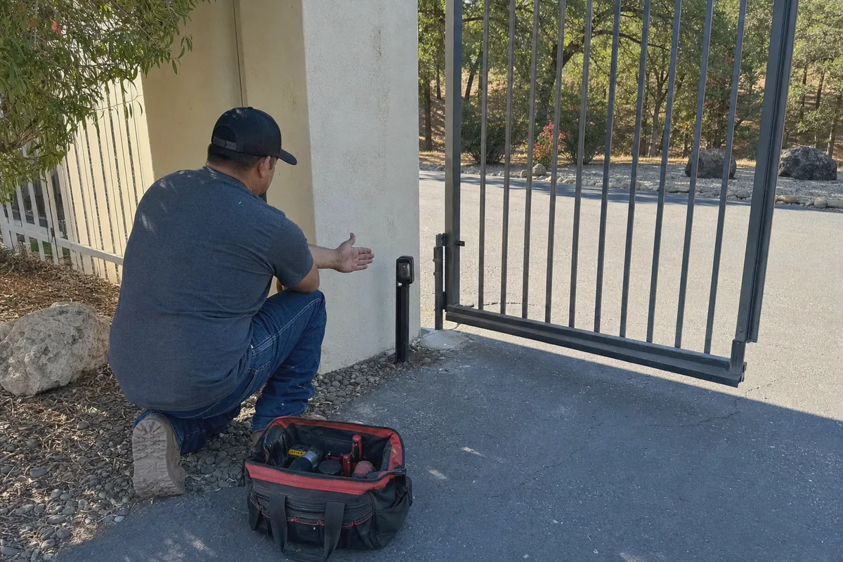 Technician testing a gate photo eye safety sensor by obstructing the beam during handover