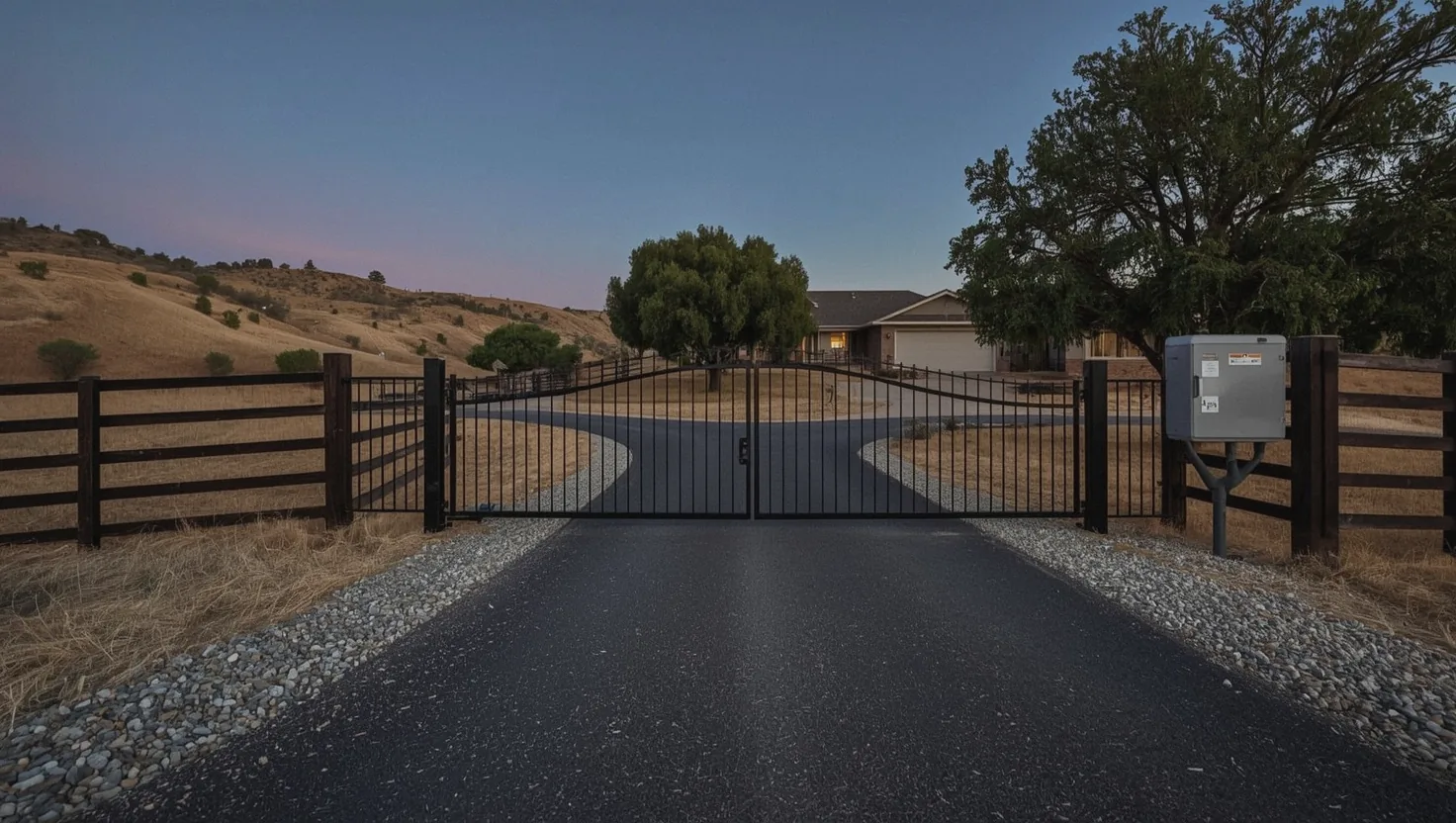 Closed automatic driveway gate at dusk during a power outage, with the house behind unlit