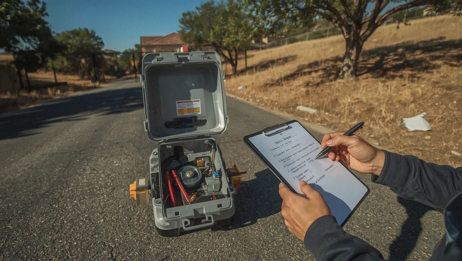 Technician noting a gate operator diagnosis on a clipboard beside an opened operator housing