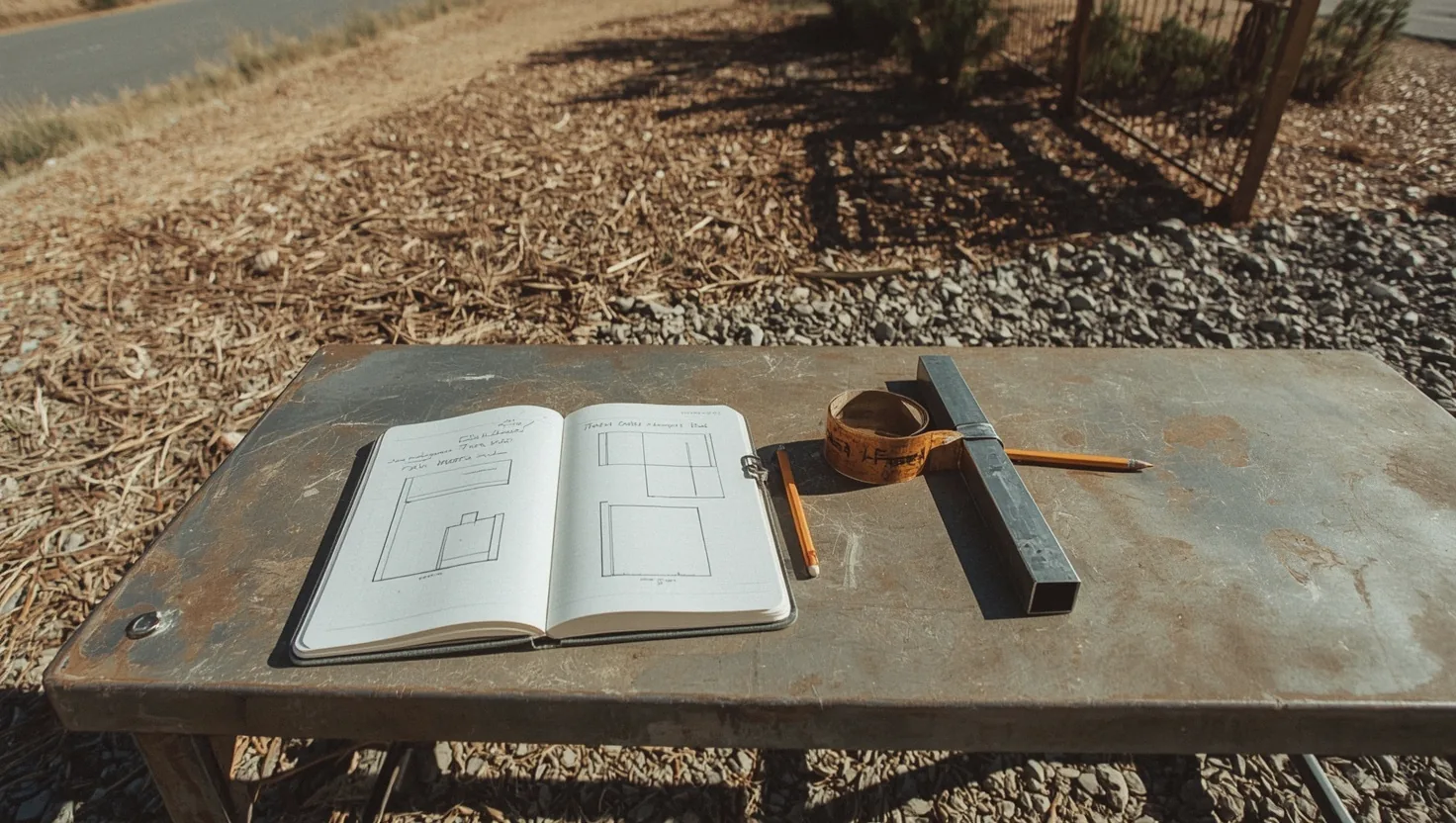 Workshop bench with a notebook of gate sketches, a tape measure and a cut section of steel picket