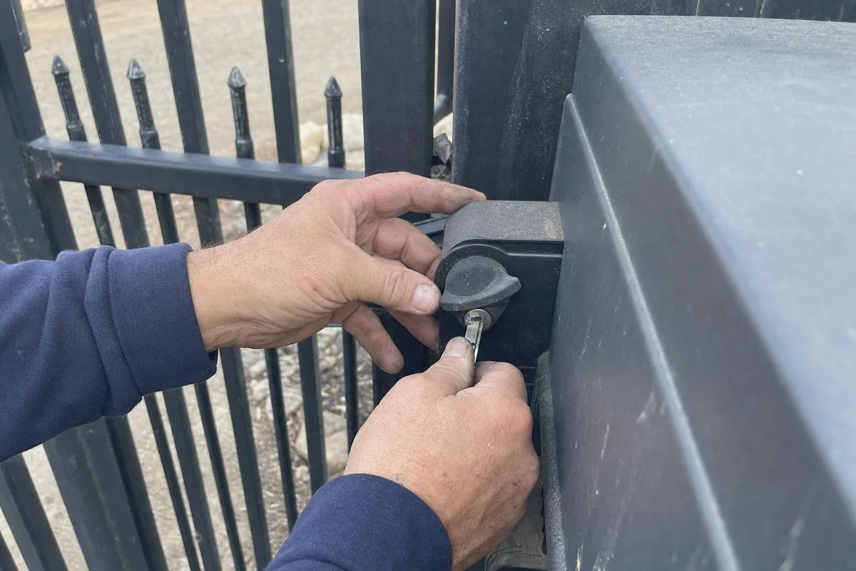 Close-up of emergency gate repair work in progress