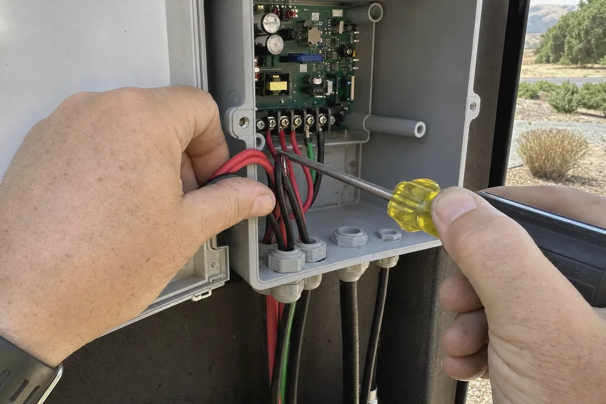 Close-up of solar gate openers work in progress